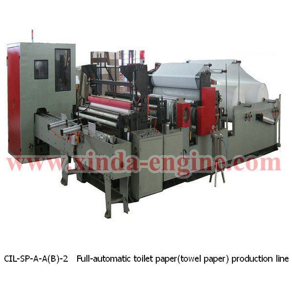 CIL-SP-A-A(B)-2　Full-automatic toilet paper(towel paper) production line CIL-SP-A-A-2 Full-automatic toilet paper production line is full-automatic production line, which composed of 1 set of CIL-SP-B(A)-2 Full-automatic high-speed rewinding and perforated toilet paper(towel paper ) machine (it can be 2 sets according to requirement), 1 set of CIL-SP-280 cutting machine, 1 set of CIL-SP-398-3 multi-rolls packing machine and convey belts.   A、The max. width of jumbo roll can up to 2750mm. Perforation distance can be adjusted to satisfy any length need. As required, the equipment can have one or two embossing device. Equip weight pneumatic loading of jumbo roll system. According to requirement, the equipment can have 3 jumbo roll holder. B、CIL-SP-A-A(B)-2 Economical rewinding production line will automatically change core and unload the finished products, and automatically trim and seal the tails of the logs, leaving a tail about 20mm. Automatically convey the logs into conveyer belt, and carry into CIL-SP-280 to cut into the length required. Through the conveyer belt come into CIL-SP-398 -3for package. C、The complete production line controlled by PLC. Main motor can be controlled by variable frequency speed control.   Technical parameter